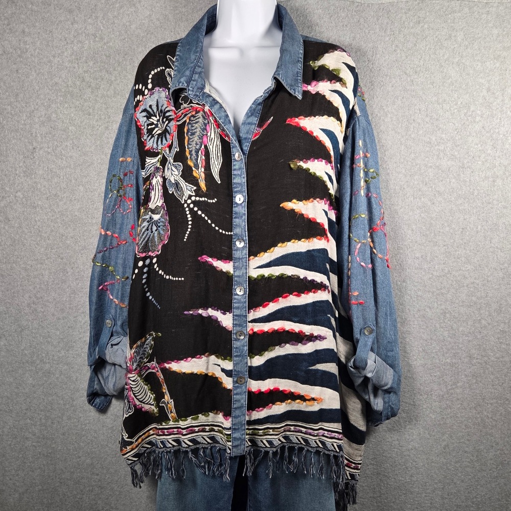 John Mark Women 3X Artsy Button Shirt Blue Denim Embroidered Fringe Rayon Zigzag - Picture 3 of 10